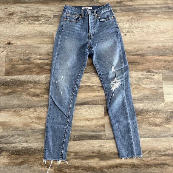 Levi’s Wedgie Skinny Distressed Button Fly Jeans Women’s 24 Blue High Rise - Picture 1 of 7